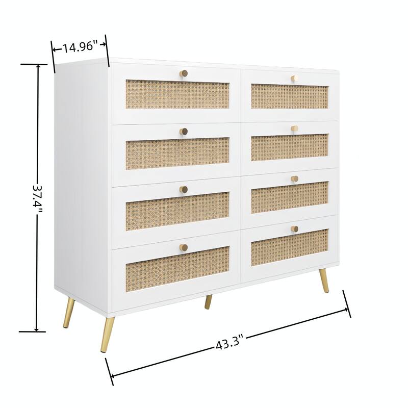 8-Drawer Chest of Drawers with Rattan Drawer Fronts, Golden Legs, and Handles