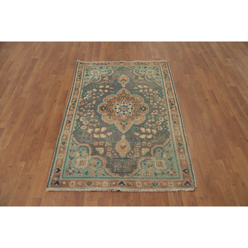 Hand Knotted Oriental 100% Wool Carpet Traditional Floral Greys & Charcoal Tabriz Area Rug - 4' 7'' X 3' 1''