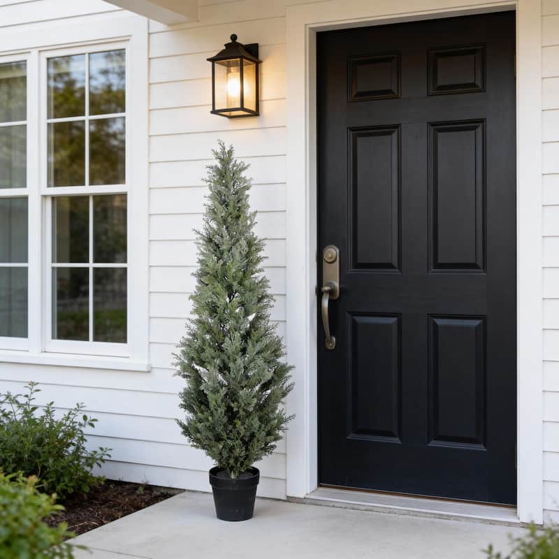 5FT Artificial Cypress Tree in Black Plastic Pot UV Resistant, Realistic Indoor Outdoor Fake Topiary Plant, 1pc/set - Green Leaves