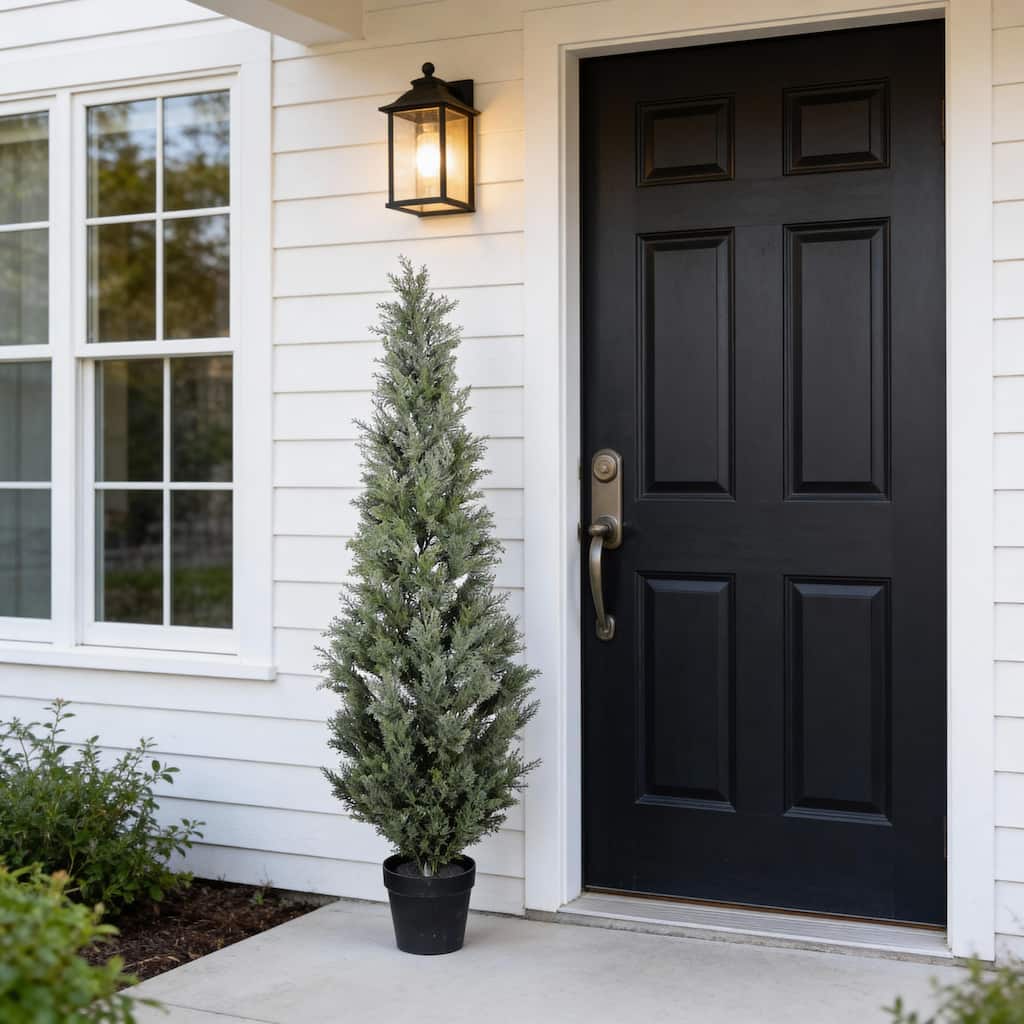 5FT Artificial Cypress Tree in Black Plastic Pot UV Resistant, Realistic Indoor Outdoor Fake Topiary Plant, 1pc/set