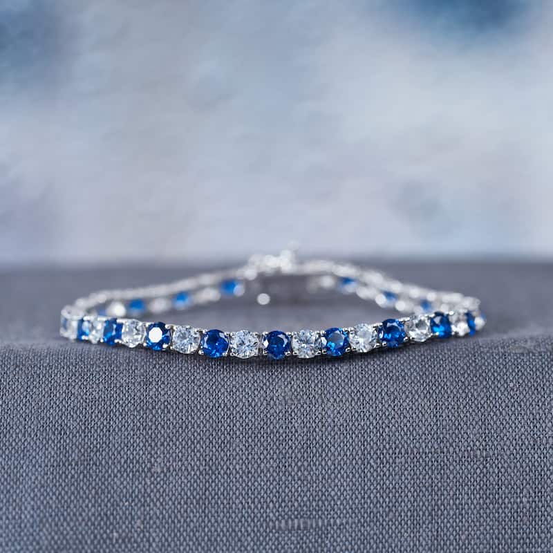 Miadora Sterling Silver Created Blue and White Sapphire Patterned Birthstone Tennis Bracelet - 7.25 in x 4.3 mm x 2.7 mm