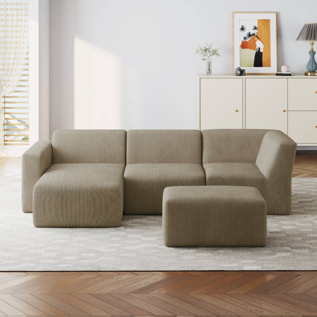 Modern Corduroy L-Shaped Foam Sectional Sofa with Chaise Lounge- Vacuum Packed, Tool-Free Setup