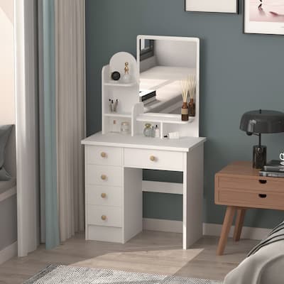 Kerrogee Wooden Makeup Vanity Table with Mirror - Open Shelves & 5 Drawers - White - 31.5"L x 15.7"W x 55.1"H