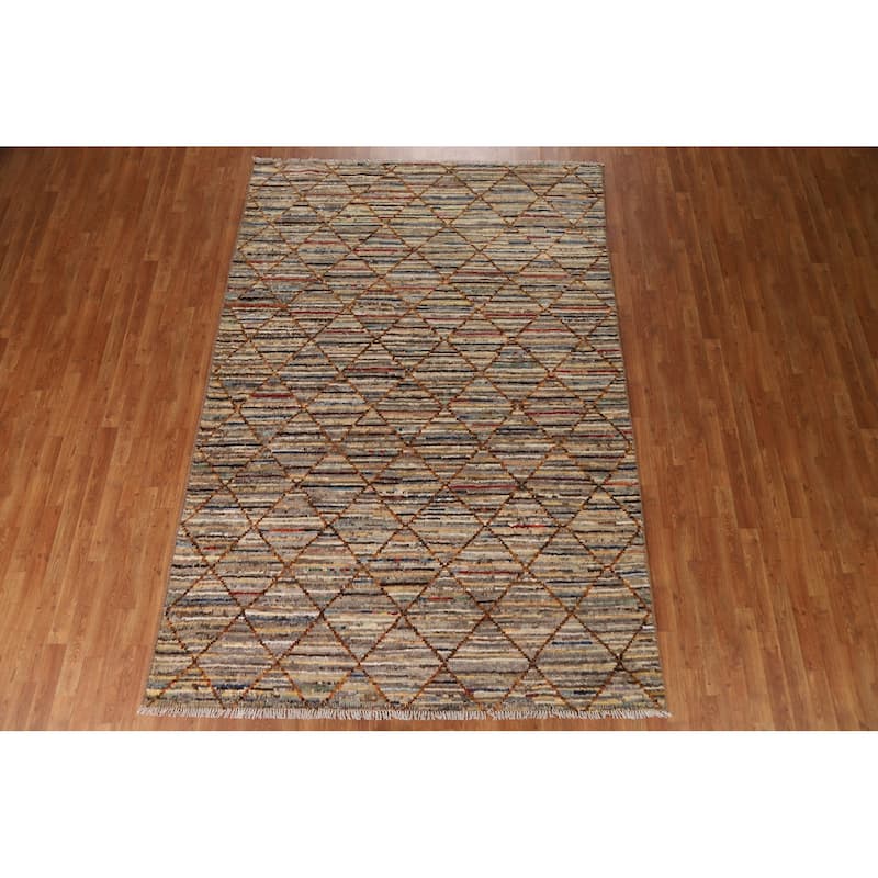 Hand Knotted Oriental 100% Wool Carpet Modern Stripe Multi-Colored Moroccan Area Rug - 9' 9'' X 6' 7''