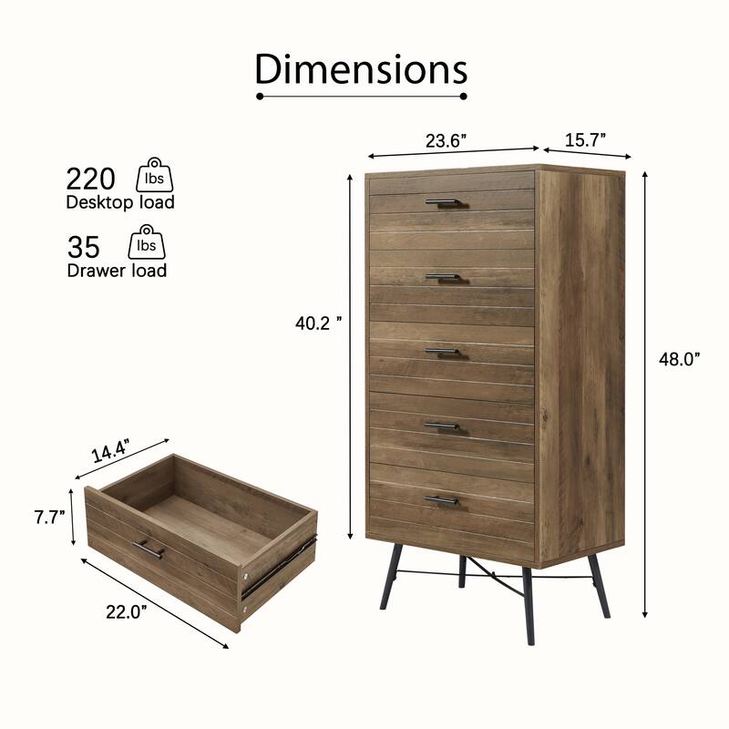 Stylish Spacious Dressing Drawer Storage Wardrobe with 5 Drawers, for Bedroom Hallway, Rustic Walnut