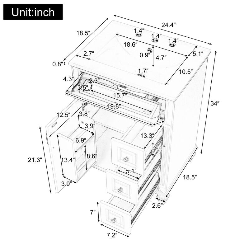 24 Inch Bathroom Vanity with Ceramic Sink, White Freestanding Vanity Cabinet with Flip-Out Drawer and Storage