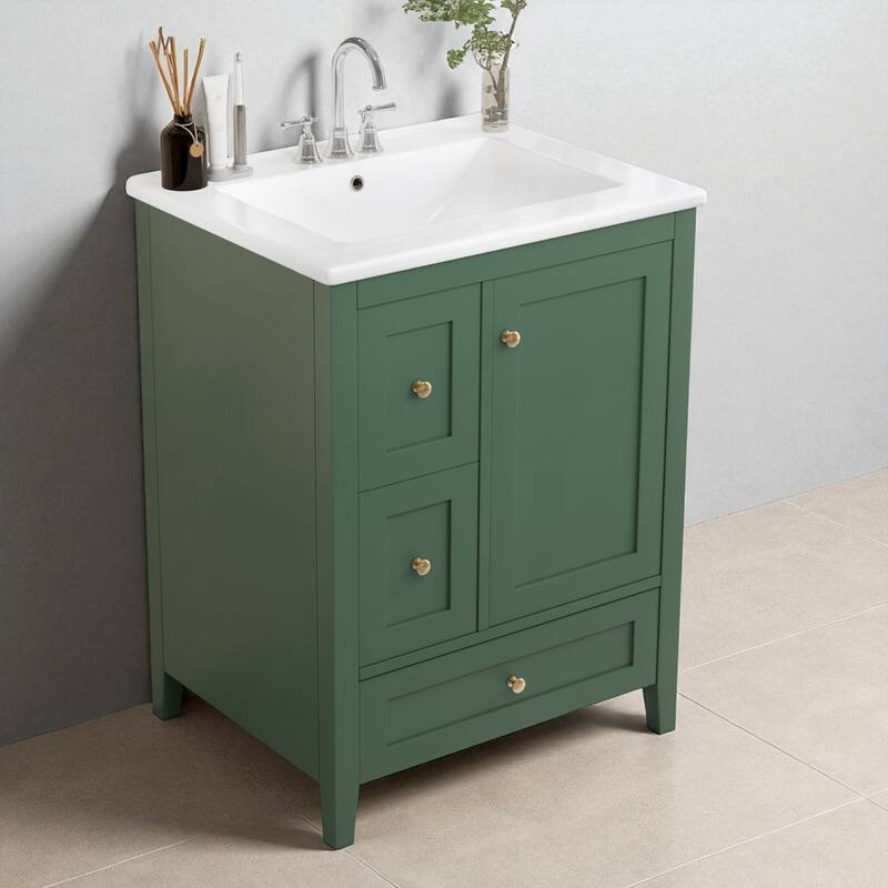 24" Bathroom Vanity with Sink, Adjustable Shelf, Storage Drawers with Removable Dividers, MDF and Rubberwood Base - Dark Green