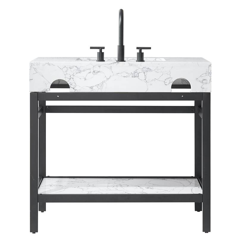 Ecija Bath Vanity, Metal Support with Composite Stone Top and Mirror