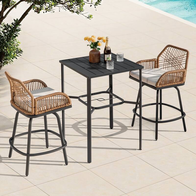Swivel Patio Bar Set with Cushions, Handwoven Twisted Rattan Design