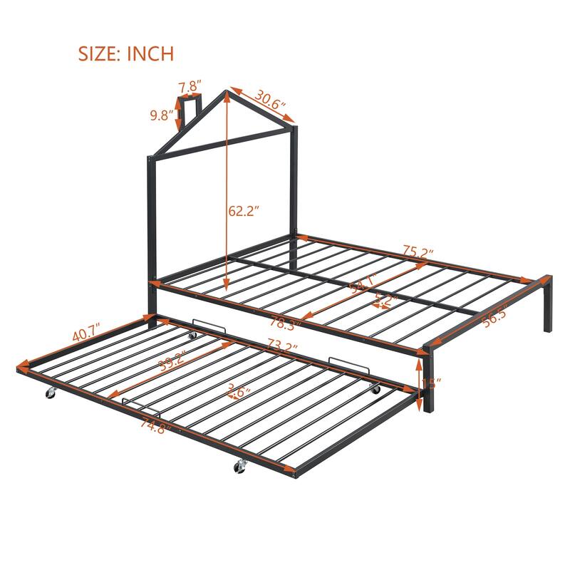 Metal Platform Bed with Twin Size Trundle,House-Shaped Headboard