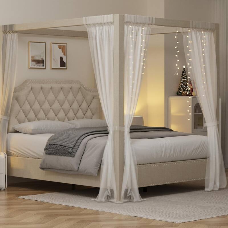 Canopy Platform Bed with Tufted Upholstered Headboard, Four-Poster Frame & Slide Rail, No Box Spring Needed