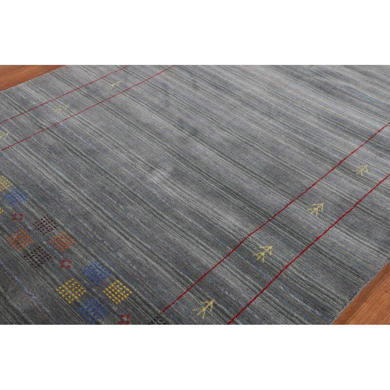 Striped Gray Gabbeh Oriental Area Rug Hand-Knotted Wool Carpet - 5'0"x 7'11"