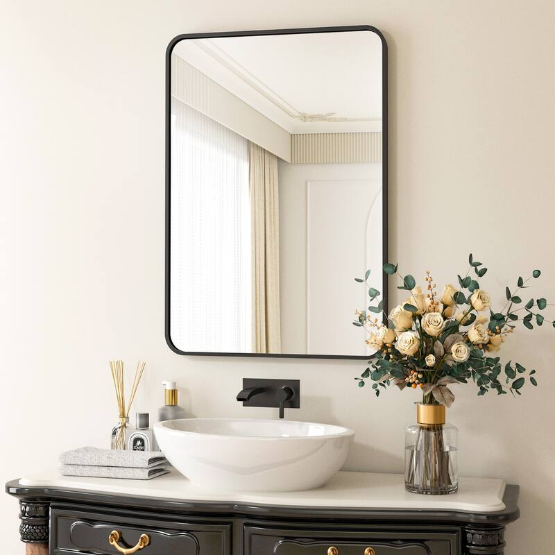 Wall Mounted Bathroom Mirror with Round Corner - 24"x36" - Black