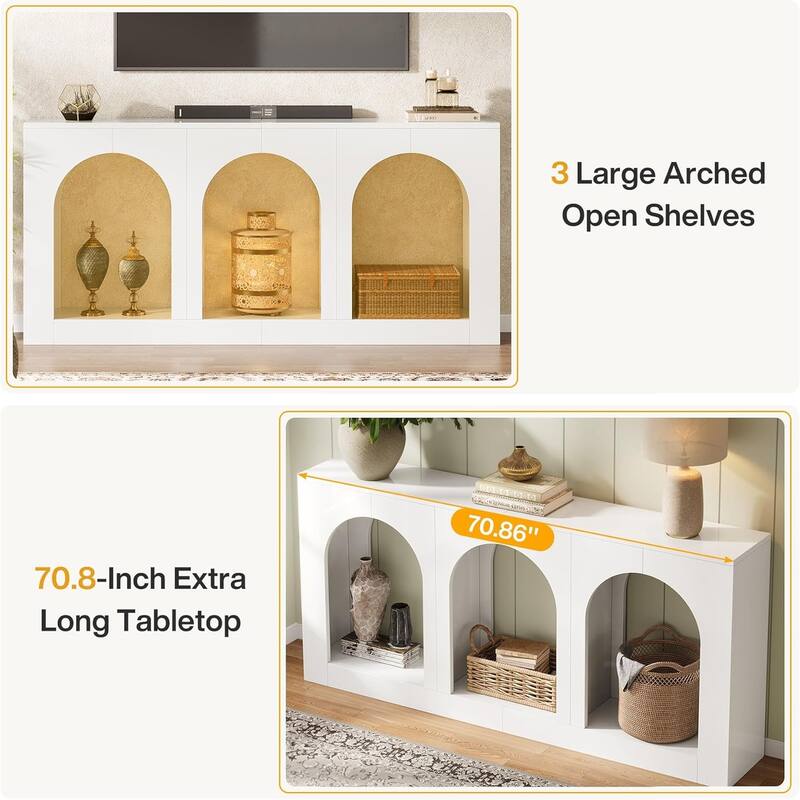 70.9" Console Table with Storage, Wood Entryway Table with 3 Arched Shelves - 11.8"L x 70.9"W x 35.4"H