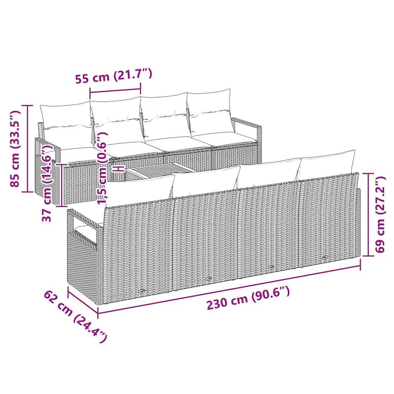 vidaXL 9 Garden Sofa Set with Cushions Black/Grey Poly Rattan - 90.6 x 24.4 x 27.2