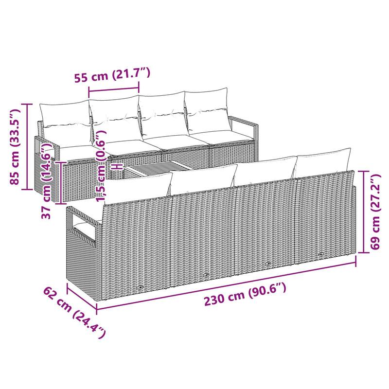 vidaXL 9 Piece Garden Sofa Set with Cushions Black Poly Rattan Acacia - 90.6×24.4×27.2