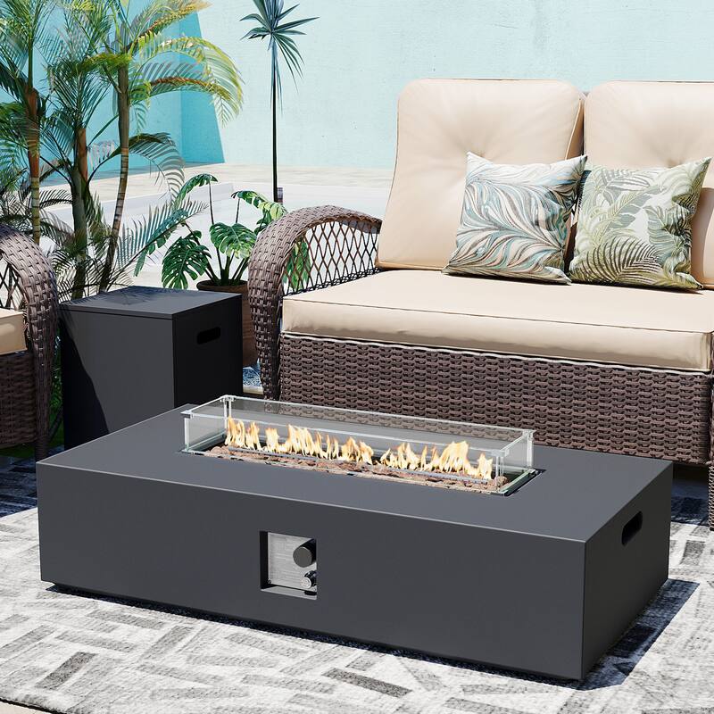 Patio Watcher iron outdoor fire pit table with gas tank cover, lid, and glass wind guard