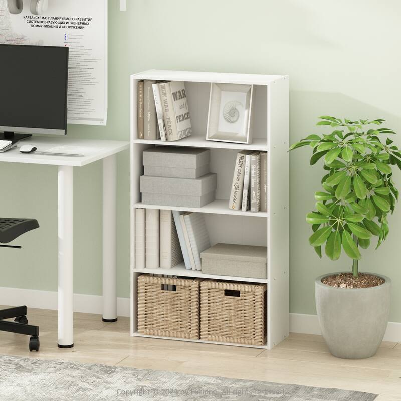 4 Tier Open Shelf Bookcase - White Storage Organizer for Living Room Bedroom