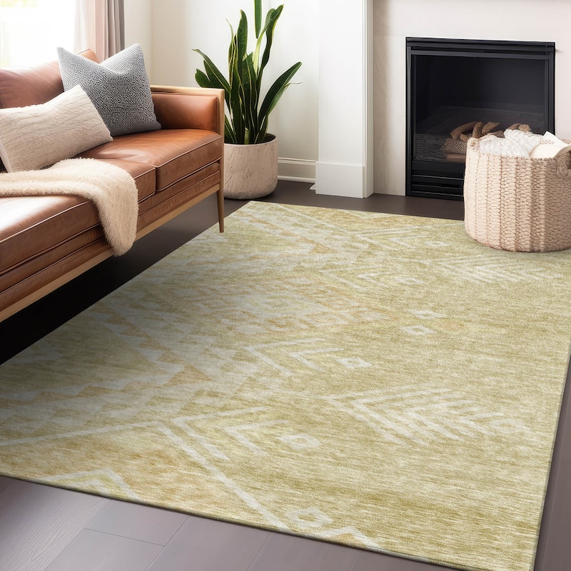 Machine Washable Indoor/ Outdoor Boho Tribal Chantille Rug - Tan - 3' x 5'