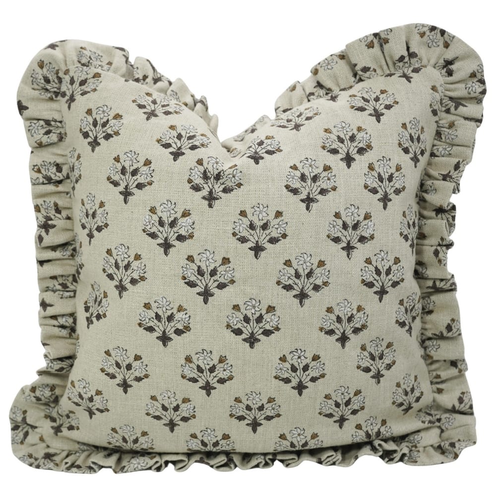 Fabdivine Heavy Linen Floral Ruffled Both Side Cushion Cover Home Décor Accent
