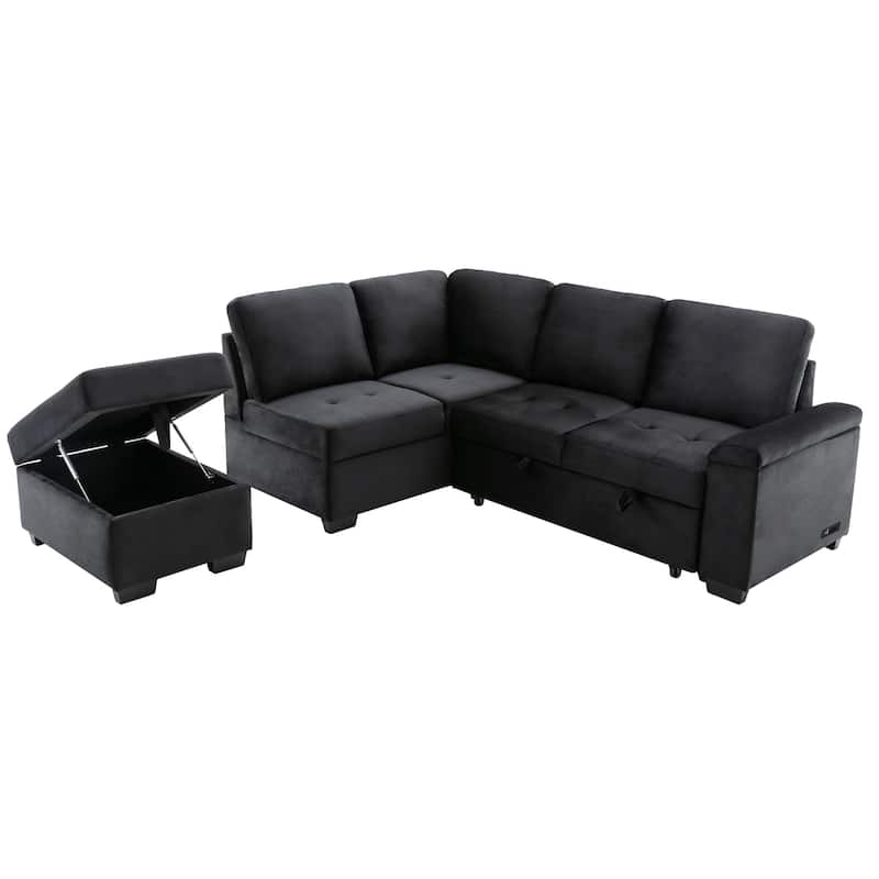 L-Shaped Sleeper Sofa Bed with USB Ports and Storage Ottoman - Perfect for Guests