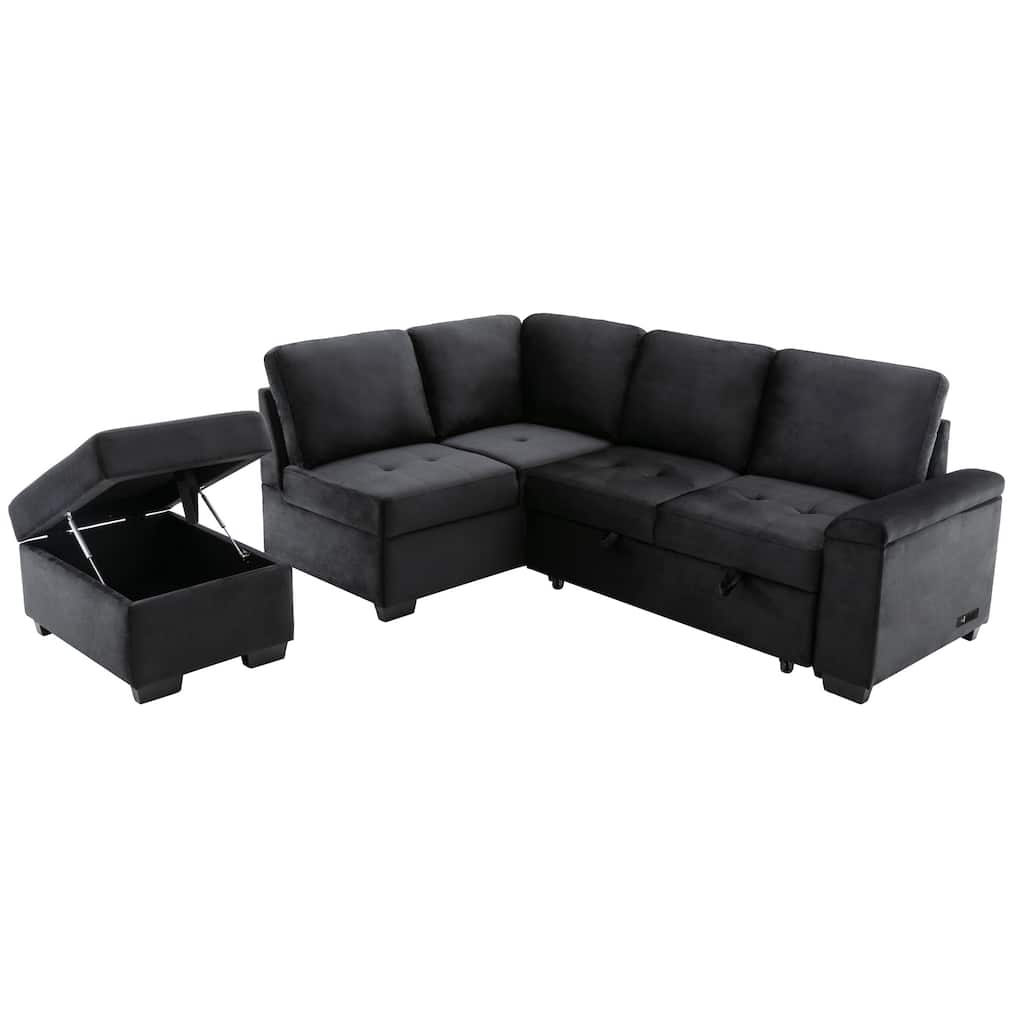 L-shape Corner Sofa with Storage Ottoman & Storage Arm & USB Sockets