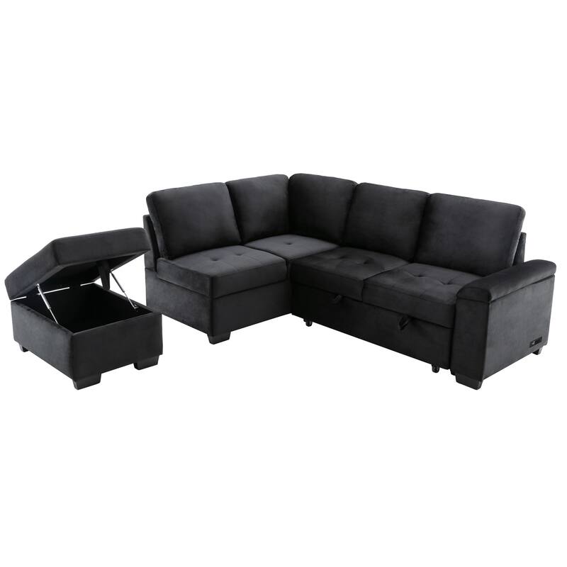 Velvet Sleeper Sectional Sofa, L-Shape Corner Couch Sofa-Bed with Storage Ottoman, Hidden Arm Storage, USB Charge