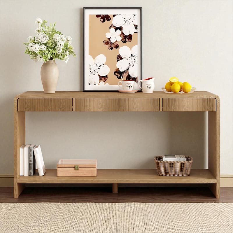 Modern 3-Drawer Console Table with Vertical Slat Design, Rounded Edge Entryway Storage Table with Shelf - Brown