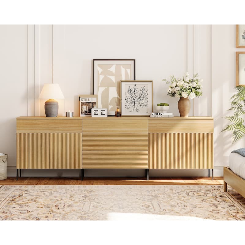 94.5" Modern Reeded Minimalist Sideboard With Doors And Drawers, 3-In-1 Wooden Credenza