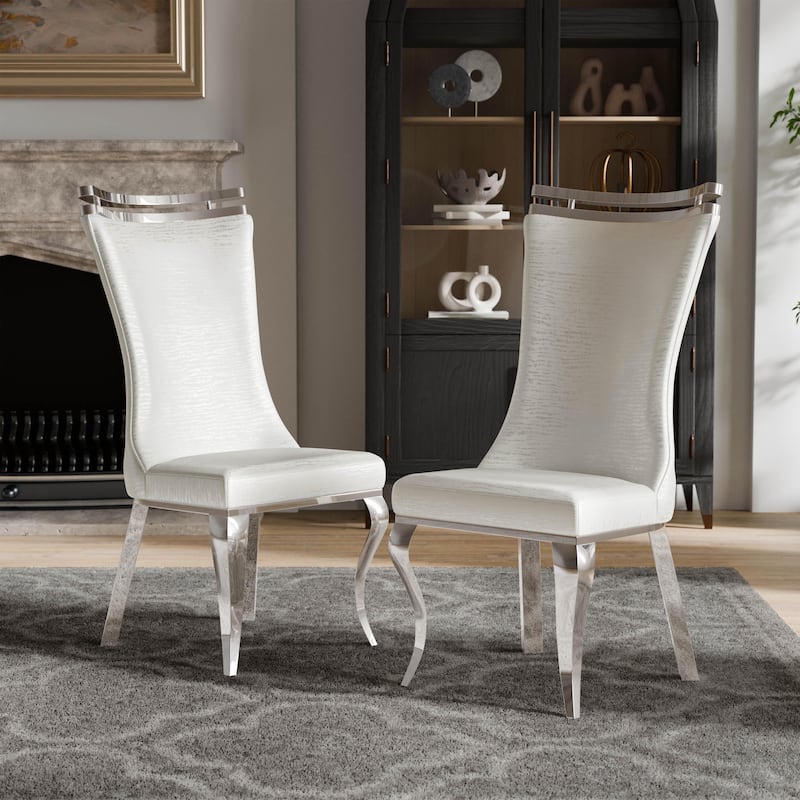 Furniture of America Thaddeus Glam Stainless Steel Upholstered Dining Side Chair (Set of 2) - White & Silver