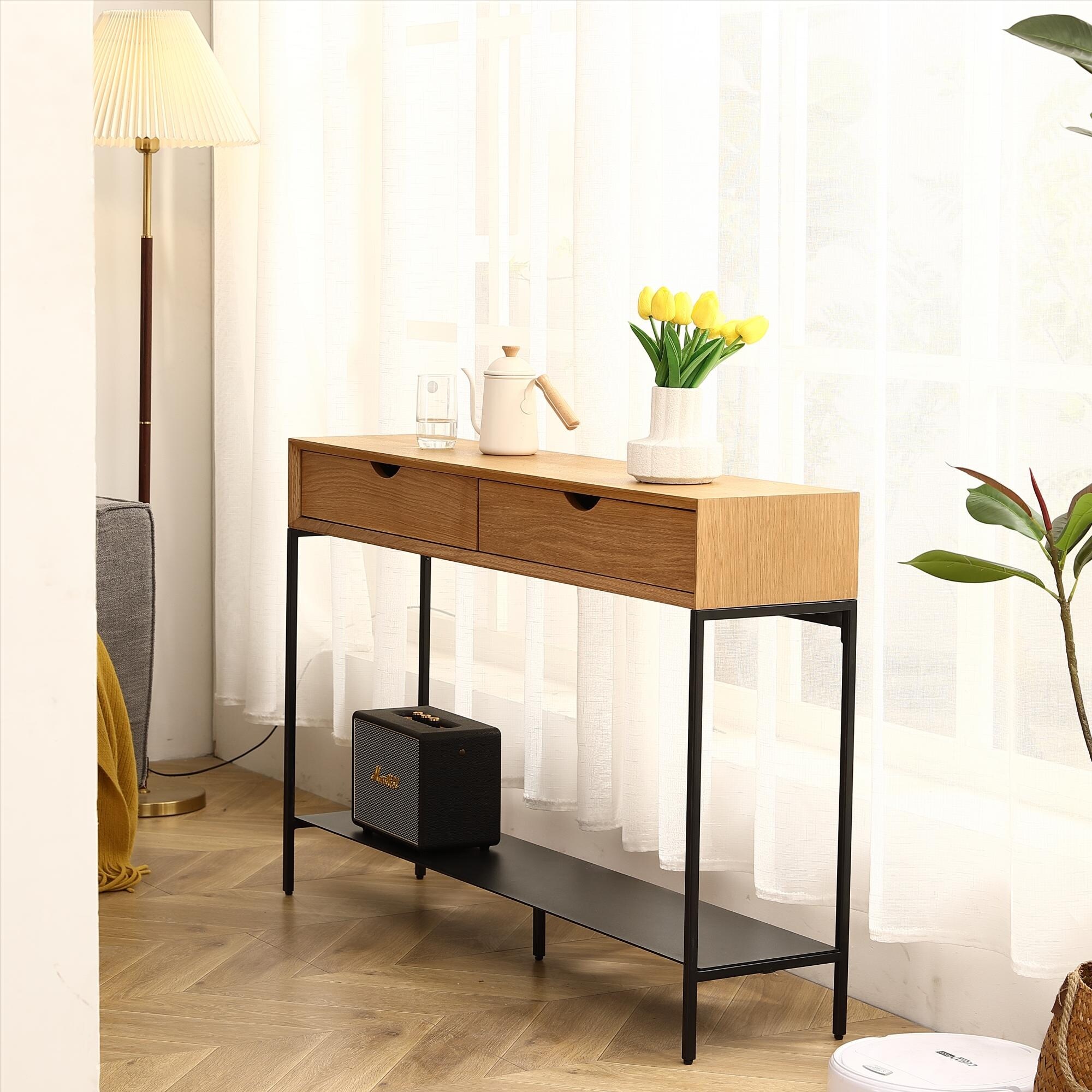 Modern Entrance Console Table Steel Legs 2 Drawers On Sale