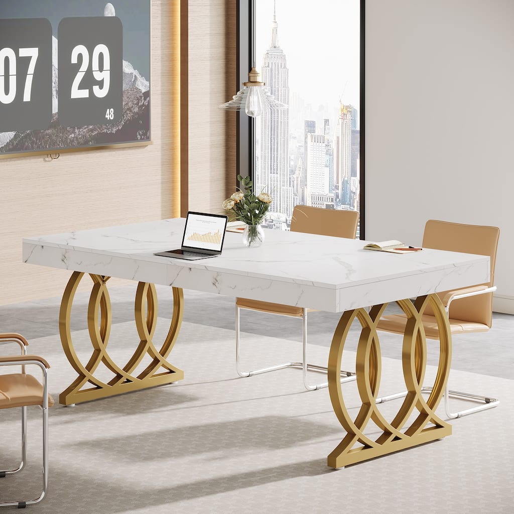 5FT Conference Table for 6, 63-Inch Modern Meeting Table for Office, White and Gold - 63" L x 31.5" W x 29.5" H