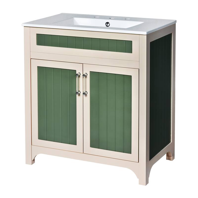 30 Inch Single Sink Freestanding Bathroom Vanity in Green with White Ceramic Top