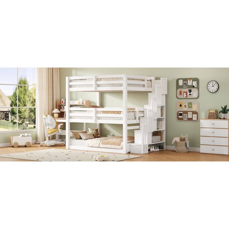 Roomfitters Full Triple Bunk Bed with Storage Staircase, Separable Design