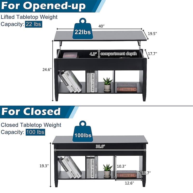 Lift Top Coffee Table with Hidden Compartment - 19.5"D x 40"W x 19.3"H