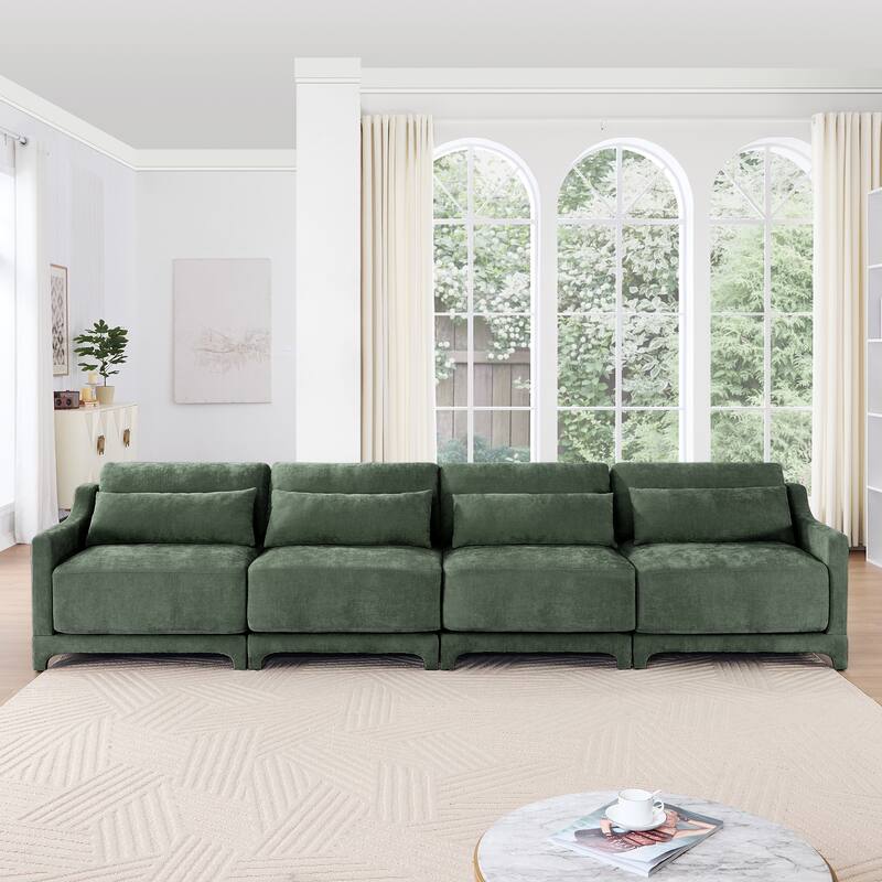 Modern Chenille 4-Seater Sofa with 2 Ottoman, Lumbar Cushions, Ergonomic Backrest, High-Resilience Spongeand Tufted Armrests