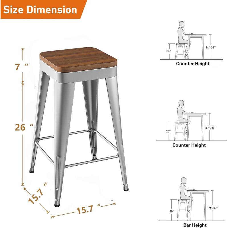 Counter & Bar Stools with Metal Frame Kitchen Stools Backless Kitchen Bar Furniture Stools with Square Wooden Seat
