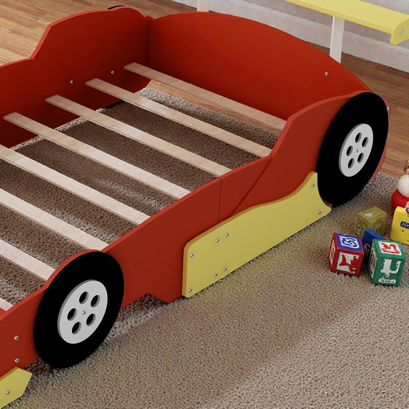 Race Car Platform Bed with Wheels, Kids Car-Shaped Bed Frame with Safety Rails