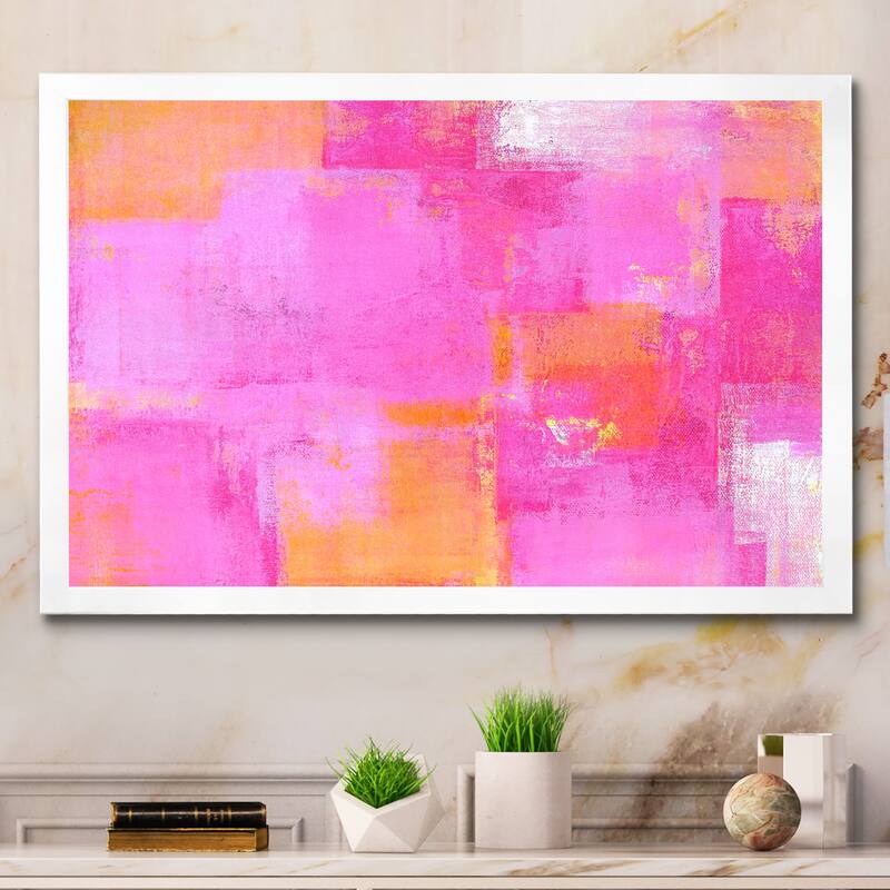 Designart "Pink And Orange Colorfields II" Modern Framed Art Print - 36 In. Wide x 24 In. High - White