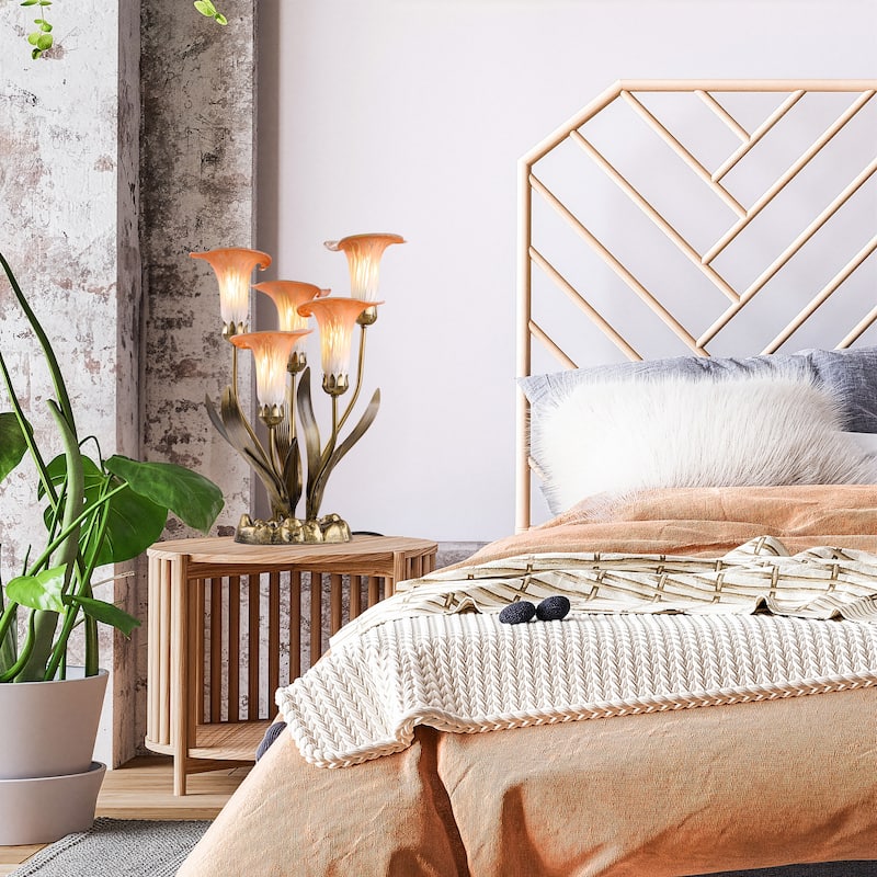 20-inch Antique Brass and Hand Blown Glass 5 Calla Lily Uplight Accent Lamp - 15" x 14" x 20"