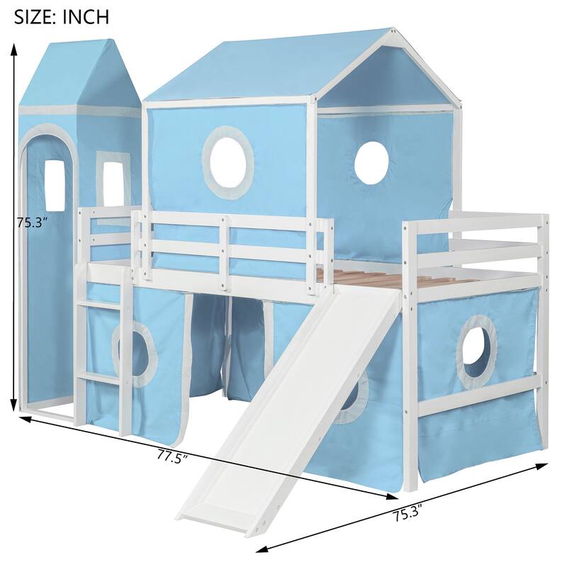 Roomfitters Twin Size Loft Bed with Slide, Tent and Tower, Blue