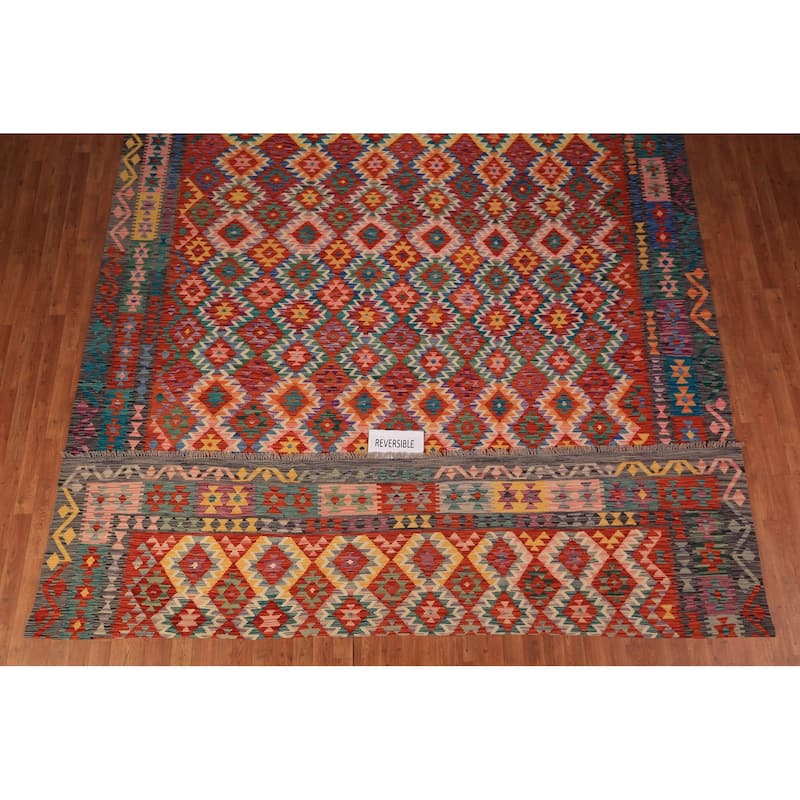 South Western Orange Kilim Oriental Area Rug Hand-Woven Wool Carpet - 10'2" x 12'11"