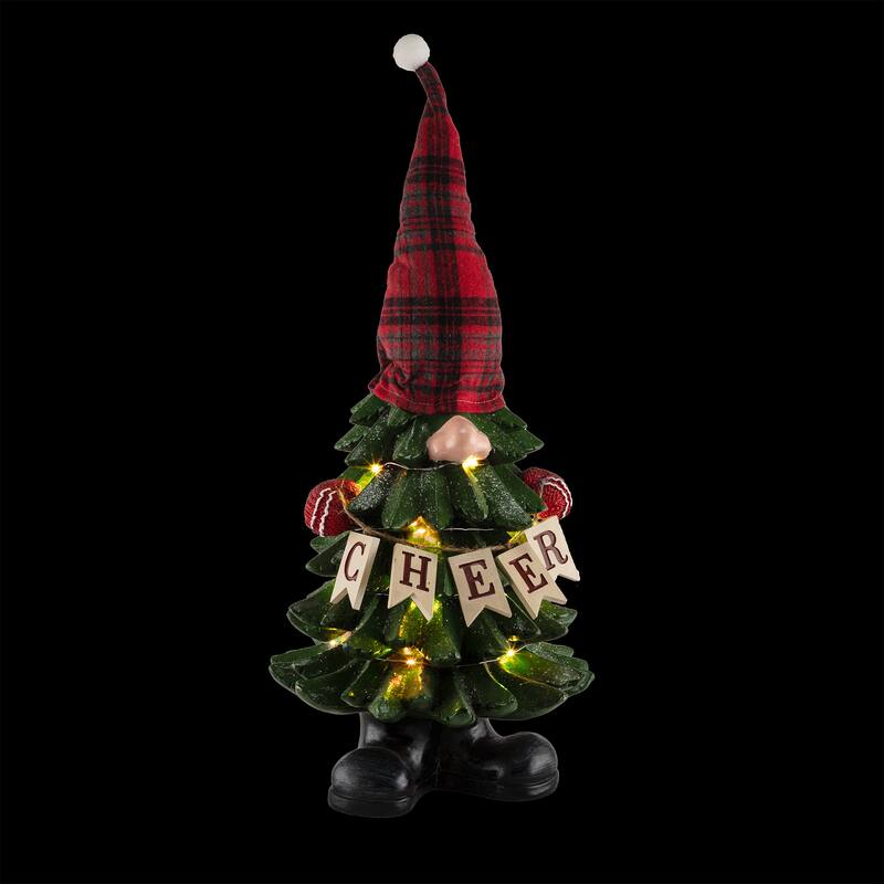 Alpine Corporation 28"H Polyresin Christmas Tree Gnome Decoration with Color Changing LED Lights