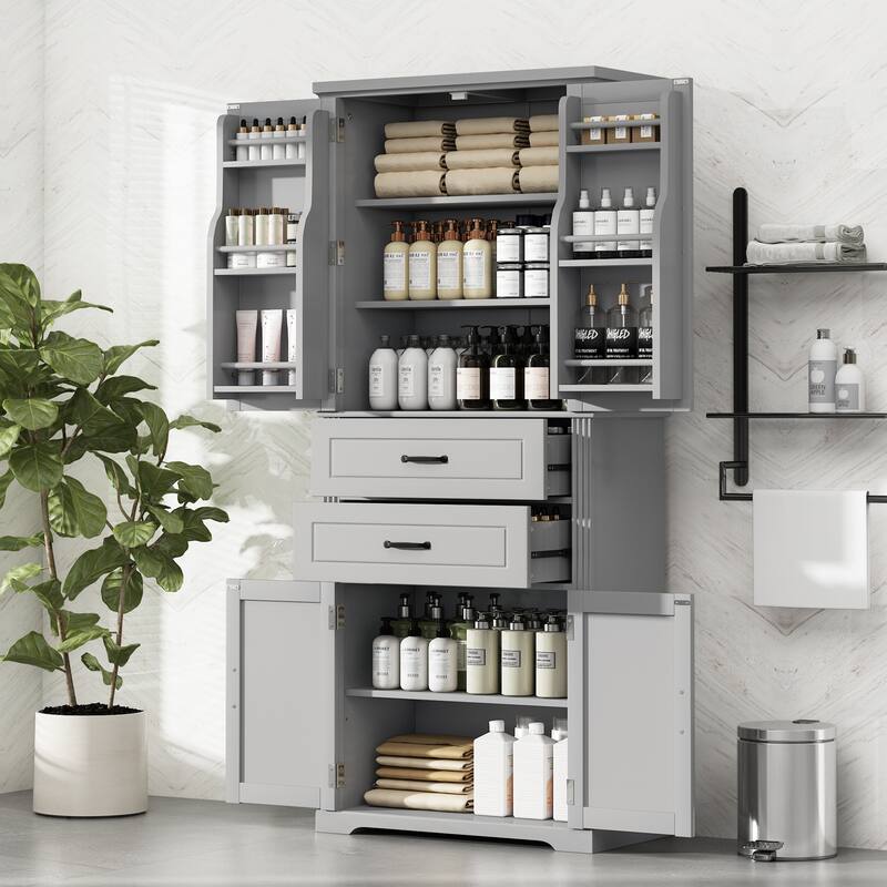 Bathroom Storage Cabinet with 2 Storage Drawers and 4 Doors, Freestanding Bathroom Floor Cabinet with Adjustable Shelf - Grey