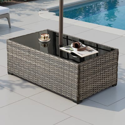 HOOOWOOO Wicker Rattan Patio Rectangle Coffee Table with Umbrella Hole
