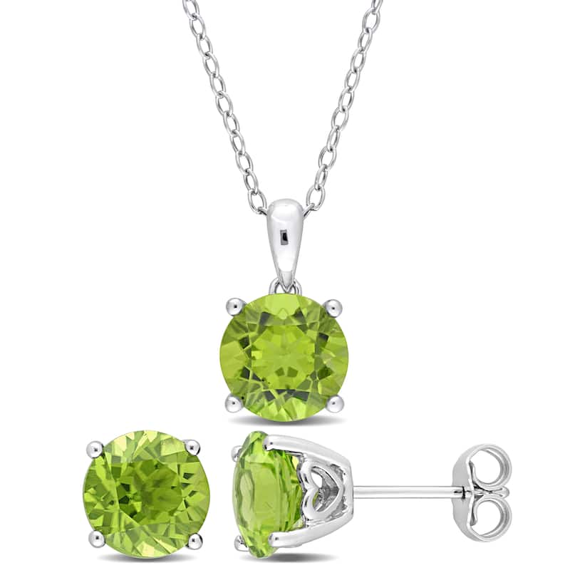 Miadora Gemstone Birthstone Earrings and Necklace Set Sterling Silver - Peridot | August