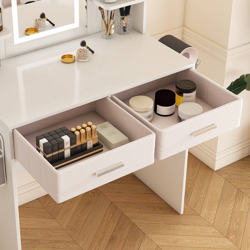 Vanity Desk with LED Light Mirror, 3-Color Adjustable Light Strips, Dressing Table with Hair Dryer Stand & 2 Large Drawers