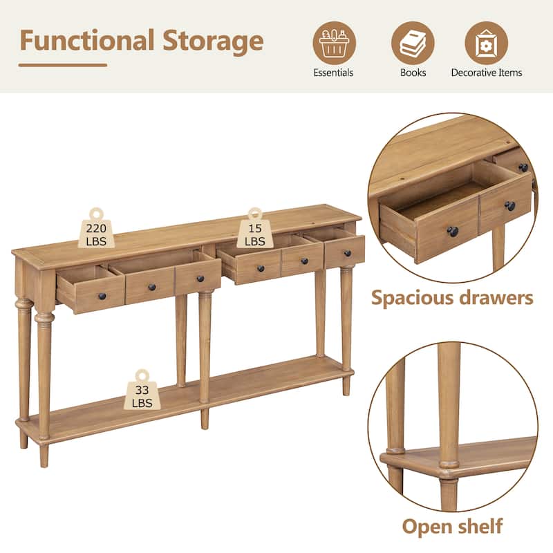 59.8" Rustic Entryway Console Table with 4 Drawers and Open Shelf, Retro Pine Veneer Hallway Accent Table