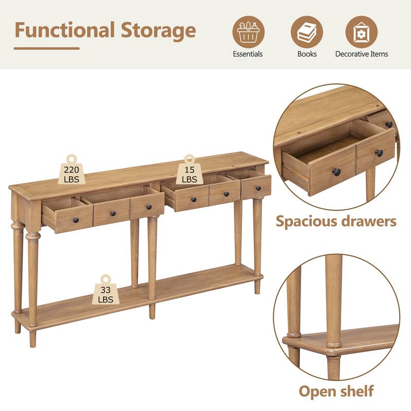 Versatile Hallway Table Old Pine Side Table with 4 Storage Drawers, Accent Table Sofa Table with Bottom Open Shelf