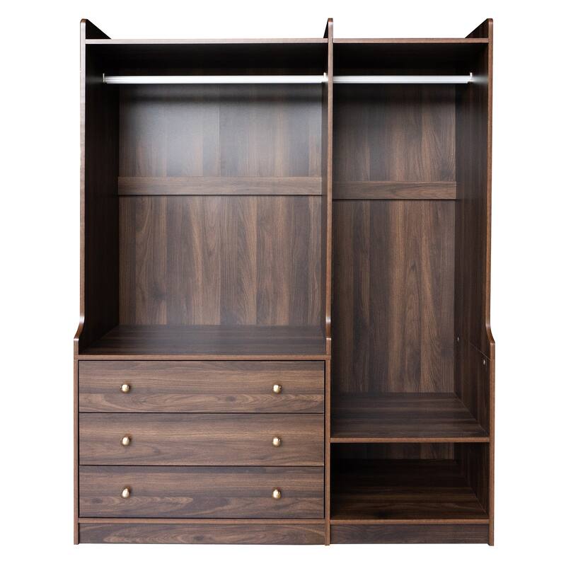 Wooden Open Wardrobe Storage Clothes Storage Cabinet with Dual Hanging Rods and Five Shelves Armoire for Bedroom